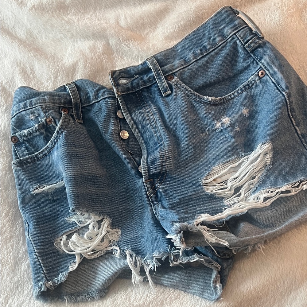 Levi's Light Blue Denim Frayed Shorts